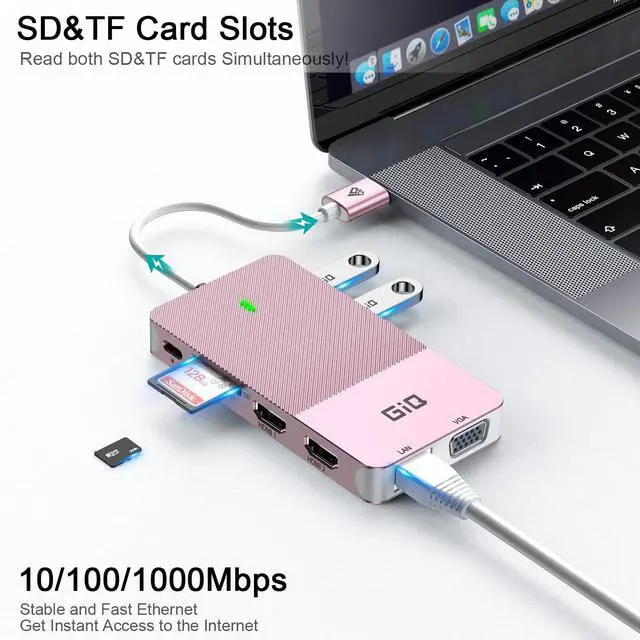 Alt view image 5 of 5 - USB Docking Station GIQ USB C HUB USB 3.0 to Dual HDMI VGA Adapter Triple Display USB C Laptop Docking Station Dual Monitor HDMI Splitter Extender Compatible with MacBook M1 M2 USB Dock-Rose Gold