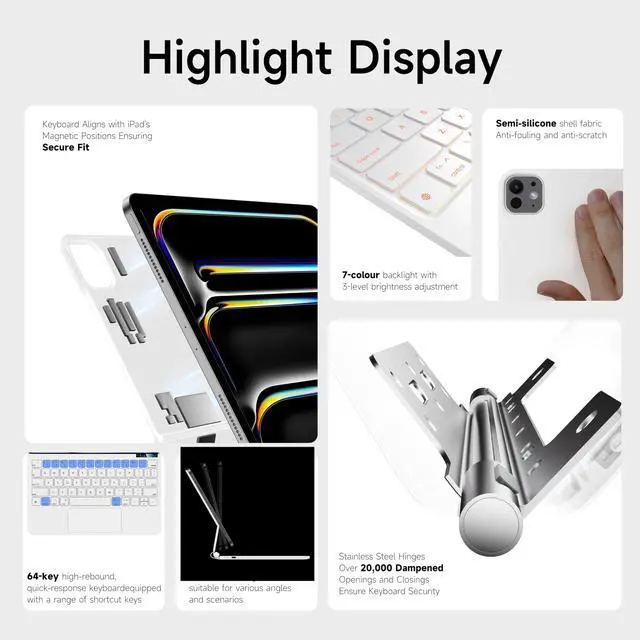 Alt view image 3 of 5 - nimin Keyboard case for iPad Pro 11-inch M4 2024, 7 Colour Backlit, Multi-Touch Trackpad, Floating Magnetic Design, Battery Display, Snow White