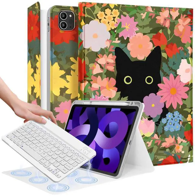 Main image of Uppuppy for iPad Air 11 inch Case 2024 - Air 5th/4th Generation 10.9, Pro 11 Case with Keyboard Pencil Holder Tablet Cover Folio Women Girl Cute Kawaii Cat Flower for iPad Air 11 2024 (M2), Pro 11