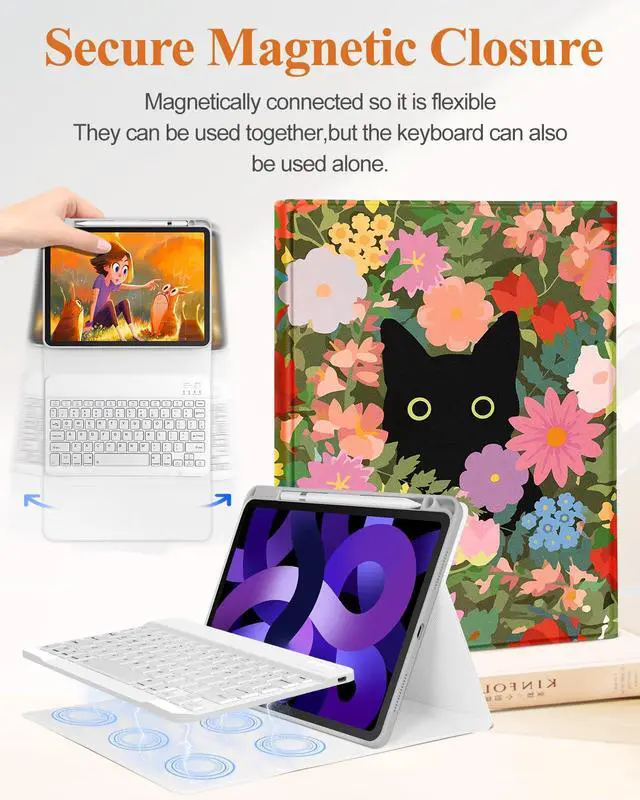 Alt view image 4 of 5 - Uppuppy for iPad Air 11 inch Case 2024 - Air 5th/4th Generation 10.9, Pro 11 Case with Keyboard Pencil Holder Tablet Cover Folio Women Girl Cute Kawaii Cat Flower for iPad Air 11 2024 (M2), Pro 11