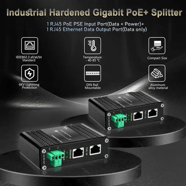 Alt view image 2 of 5 - Htfoevrxs Industrial Hardened Gigabit 30W PoE+ Splitter IEEE802.3at/af 12V DC Output DIN- Rail Wall Mount -40°C to 80°C IP40