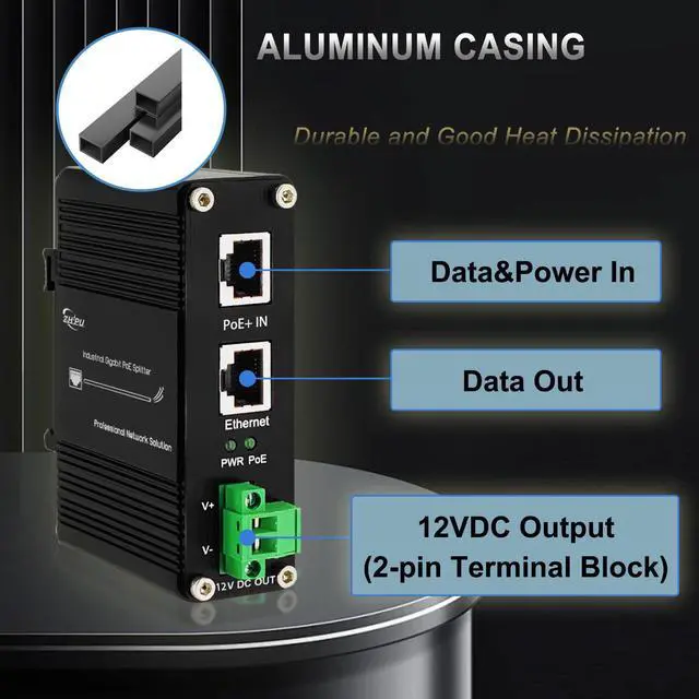 Alt view image 3 of 5 - Htfoevrxs Industrial Hardened Gigabit 30W PoE+ Splitter IEEE802.3at/af 12V DC Output DIN- Rail Wall Mount -40°C to 80°C IP40