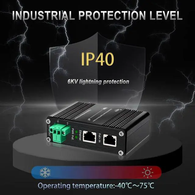 Alt view image 5 of 5 - Htfoevrxs Industrial Hardened Gigabit 30W PoE+ Splitter IEEE802.3at/af 12V DC Output DIN- Rail Wall Mount -40°C to 80°C IP40