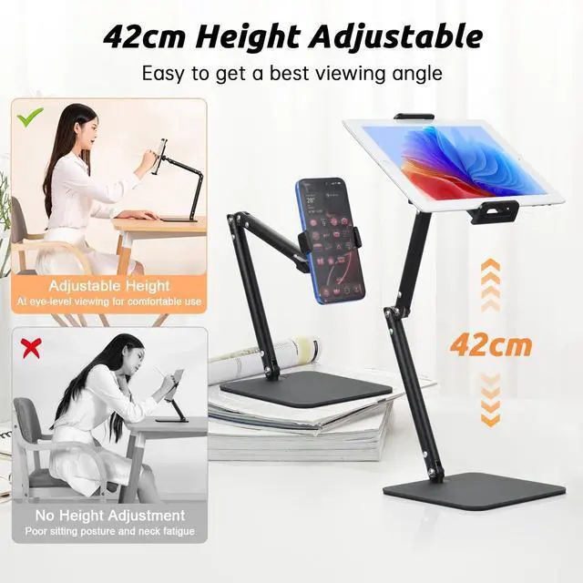 Alt view image 3 of 5 - UTEBIT Tablet Stand for Desk, Adjustable Angle Height Cell Phone Holder 360° Rotation Foldable Phone Stand Office Desk Accessories Compatible with 4''-13'' Smartphones iPhone iPad Air Kindle (Black)