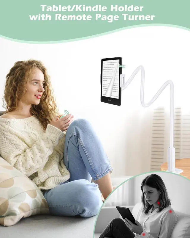 Alt view image 3 of 5 - QIWAS Gooseneck Tablet Holder for Kindle Reading in Bed with Remote Page Turner, Lazy Arm Stand for Kindle Accessories Paperwhite Colorsoft Scribe, Ereader Accessory with Clicker Page Turner (Green)