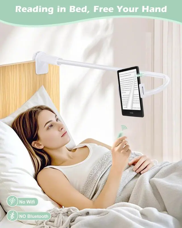 Alt view image 2 of 5 - QIWAS Gooseneck Tablet Holder for Kindle Reading in Bed with Remote Page Turner, Lazy Arm Stand for Kindle Accessories Paperwhite Colorsoft Scribe, Ereader Accessory with Clicker Page Turner (Green)