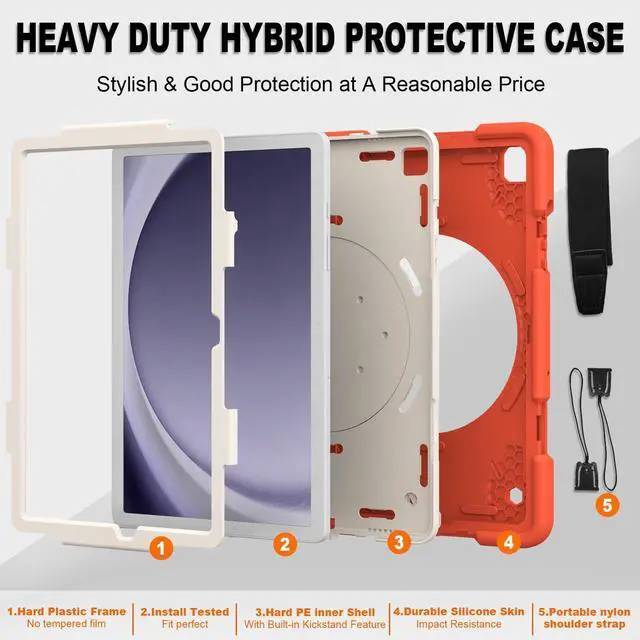 Alt view image 3 of 5 - Andnary Case for Samsung Galaxy Tab A9+, Heavy Duty Shockproof Cover with Pencil Holder/360° Rotating Handheld Stand/Shoulder Strap, A9 Plus Case 11 Inch 2023 for SM-X210/X216/X218, Orange