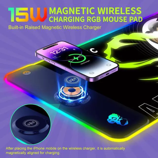 Alt view image 3 of 5 - GIM RGB Gaming Mouse Pad with 15W Wireless Charging, LED Mouse Pad with 10 Light Modes, Extra Large Mousepad 800x300x4MM, Non-Slip Rubber Base Computer Keyboard Mat for Gaming, Desk (Lightning Ape)