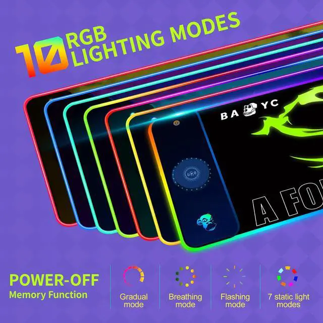 Alt view image 4 of 5 - GIM RGB Gaming Mouse Pad with 15W Wireless Charging, LED Mouse Pad with 10 Light Modes, Extra Large Mousepad 800x300x4MM, Non-Slip Rubber Base Computer Keyboard Mat for Gaming, Desk (Lightning Ape)