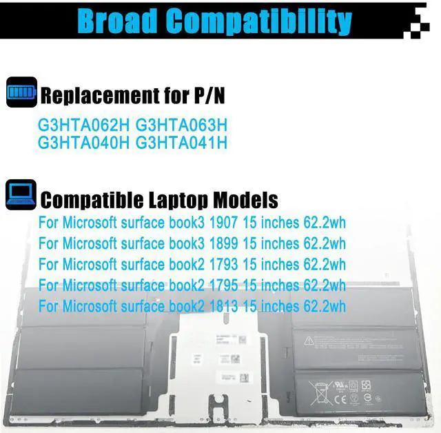Alt view image 3 of 5 - AOMKA G3HTA063H Laptop Battery Replacement for Microsoft Surface Book3 1907 1899 15 inches Keyboard Battery Surface Book2 1793 1795 1813 15 inches G3HTA062H G3HTA041H G3HTA040H 62.2Wh 5473mAh