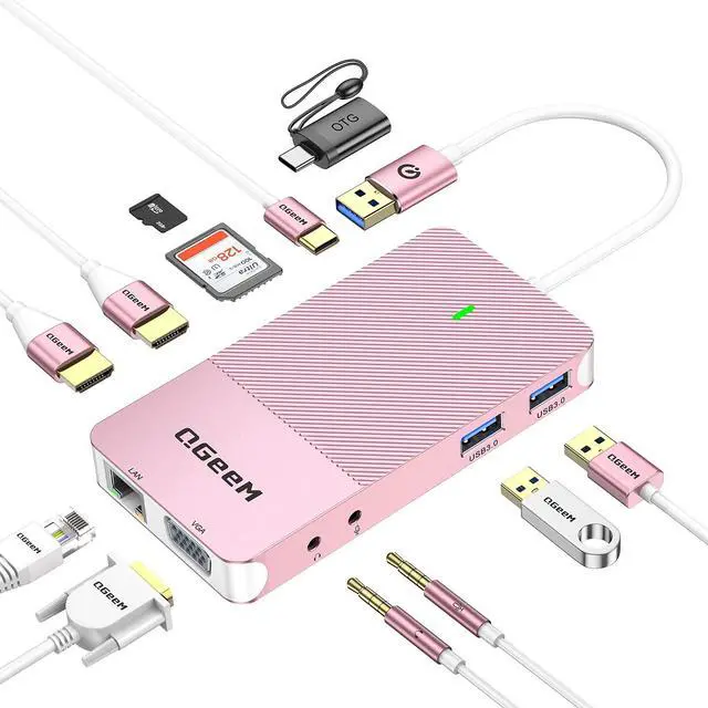 Main image of QGeeM USB 3.0 Laptop Docking Station, Triple Display USB Hub Hdmi Dual Monitor,USB Dock with 2 HDMI, VGA, USB 3.0, Card Reder Compatible for MacBook M1 M2 M3 M4 Dell HP Lenovo -Pink