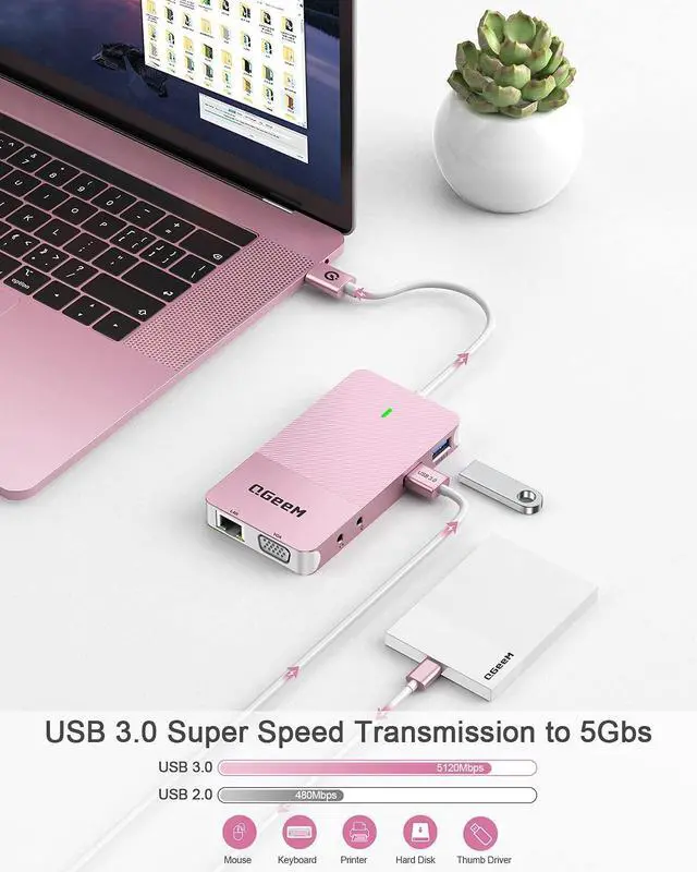 Alt view image 4 of 5 - QGeeM USB 3.0 Laptop Docking Station, Triple Display USB Hub Hdmi Dual Monitor,USB Dock with 2 HDMI, VGA, USB 3.0, Card Reder Compatible for MacBook M1 M2 M3 M4 Dell HP Lenovo -Pink