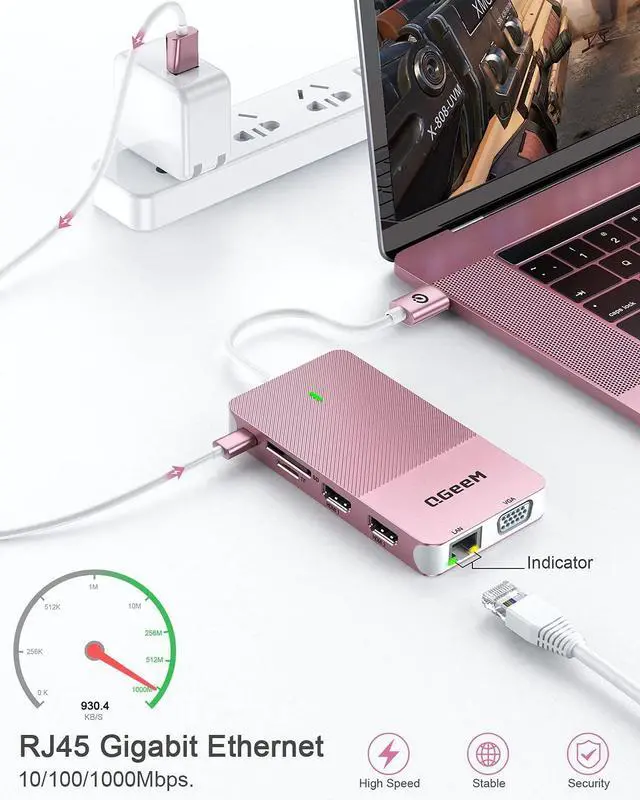 Alt view image 5 of 5 - QGeeM USB 3.0 Laptop Docking Station, Triple Display USB Hub Hdmi Dual Monitor,USB Dock with 2 HDMI, VGA, USB 3.0, Card Reder Compatible for MacBook M1 M2 M3 M4 Dell HP Lenovo -Pink