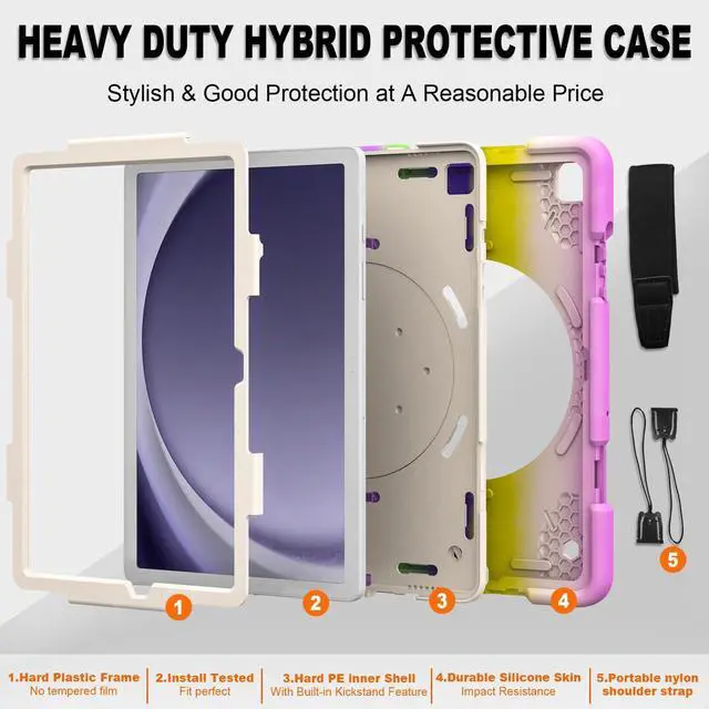 Alt view image 3 of 5 - Andnary Case for Samsung Galaxy Tab A9+, Heavy Duty Shockproof Cover with Pencil Holder/360° Rotating Handheld Stand/Shoulder Strap, A9 Plus Case 11" 2023 for SM-X210/X216/X218, Colorful Purple