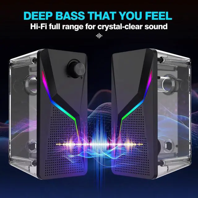 Alt view image 4 of 5 - AYJBKL Computer Speakers for Desktop PC, USB-Powered Gaming Speakers for Laptop  Multi Colorful LED Backlight Modes, Stereo Sound for Gamers Music Movies, Indoor & Outdoor Use, 3.5mm AUX Cable