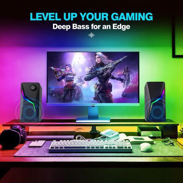 Alt view image 2 of 5 - AYJBKL Computer Speakers for Desktop PC, USB-Powered Gaming Speakers for Laptop  Multi Colorful LED Backlight Modes, Stereo Sound for Gamers Music Movies, Indoor & Outdoor Use, 3.5mm AUX Cable