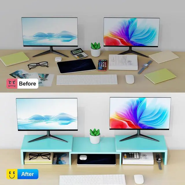 Alt view image 2 of 5 - OUTIOE Dual Monitor Stand for Desk, Metal Computer Stand, Desk Shelf Riser,Desktop Organizer for Home and Office Use (Blue)