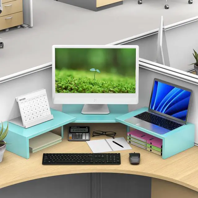 Alt view image 5 of 5 - OUTIOE Dual Monitor Stand for Desk, Metal Computer Stand, Desk Shelf Riser,Desktop Organizer for Home and Office Use (Blue)