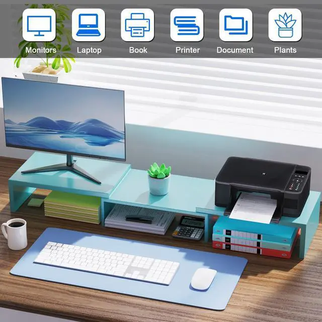 Alt view image 3 of 5 - OUTIOE Dual Monitor Stand for Desk, Metal Computer Stand, Desk Shelf Riser,Desktop Organizer for Home and Office Use (Blue)