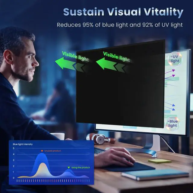 Alt view image 2 of 5 - 2 Pack Magnetic 24 Inch Monitor Privacy Screen Filter for Frameless Computer 16:9 Aspect Ratio, Reversible Eye Protection Anti Blue Light Glare Shield, Removable Anti Spy Blackout Desktop Protector