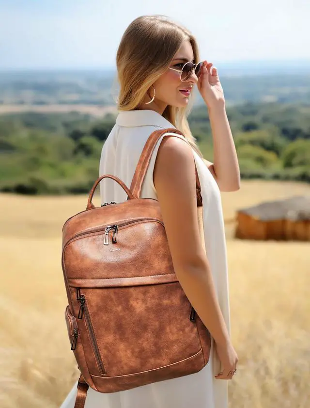 Alt view image 2 of 5 - tiamyi Computer Backpack for Women Soft Leather Back pack with 15.6 inch Laptop Compartment, Fashion Ladies Travel Backpack, Brown
