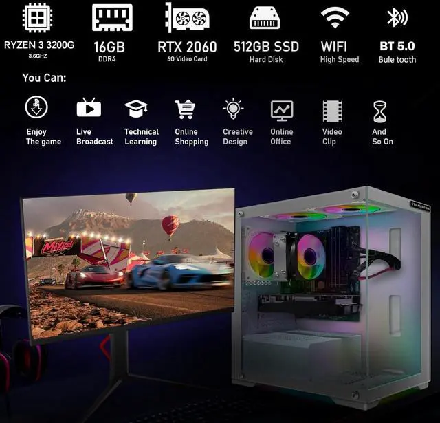 Alt view image 3 of 5 - STGAubron Gaming PC Computer Desktop, AMD Ryzen 3 3200G 3.6G, GeForce RTX 2060 6G, 16G DDR4, 512G SSD, 600M WiFi, BT 5.0, RGB Fan x3, Windows 11 Home,White