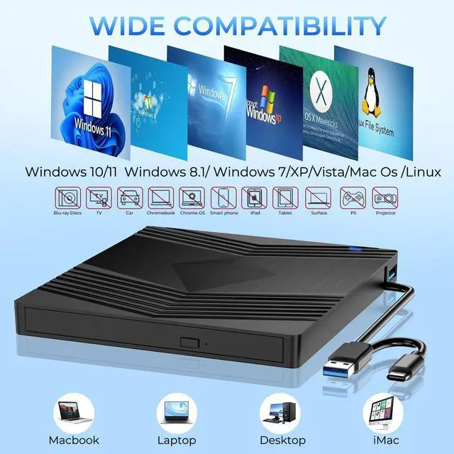 Alt view image 2 of 5 - Aumdie External CD DVD Drive for Laptop, Ultra Slim CD Burner USB 3.0 with 2 USB C Ports and 2 TF/SD Card Slots, DVD Player for Laptop, Mac, PC, Windows 11/10/8.1/7 Linux OS