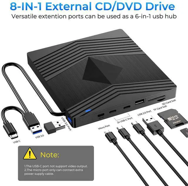 Alt view image 3 of 5 - Aumdie External CD DVD Drive for Laptop, Ultra Slim CD Burner USB 3.0 with 2 USB C Ports and 2 TF/SD Card Slots, DVD Player for Laptop, Mac, PC, Windows 11/10/8.1/7 Linux OS