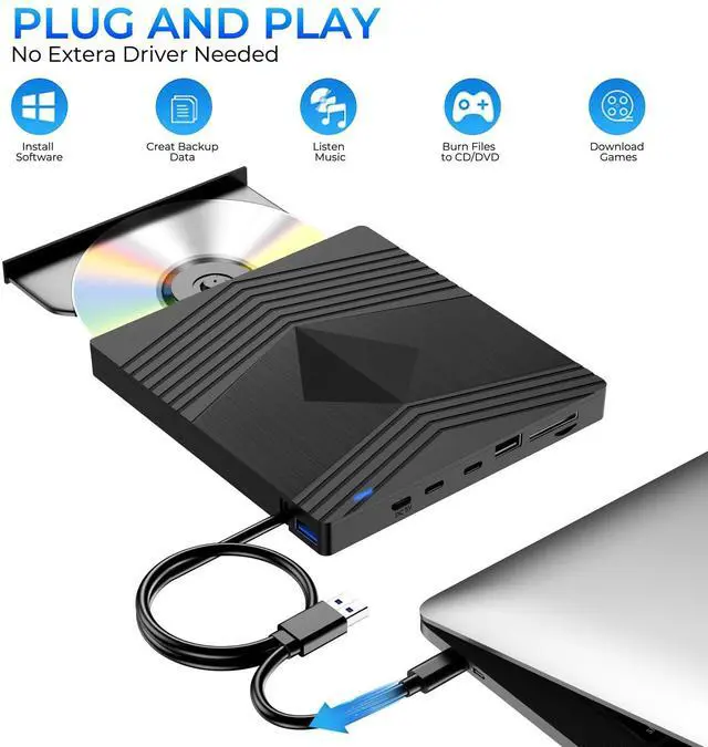 Alt view image 4 of 5 - Aumdie External CD DVD Drive for Laptop, Ultra Slim CD Burner USB 3.0 with 2 USB C Ports and 2 TF/SD Card Slots, DVD Player for Laptop, Mac, PC, Windows 11/10/8.1/7 Linux OS