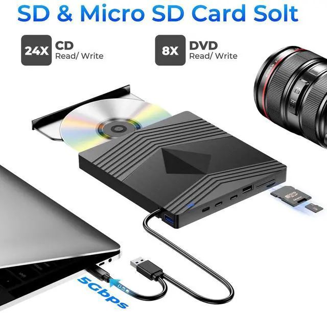 Alt view image 5 of 5 - Aumdie External CD DVD Drive for Laptop, Ultra Slim CD Burner USB 3.0 with 2 USB C Ports and 2 TF/SD Card Slots, DVD Player for Laptop, Mac, PC, Windows 11/10/8.1/7 Linux OS