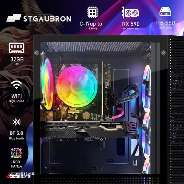 Alt view image 4 of 5 - STGAubron Gaming PC Bundle with 24 inch FHD LED Monitor- Intel Core i7 up to 3.9G, Radeon RX 590 8G, 32G RAM, 1T SSD, RGB Fan x 4, Windows 10 Home