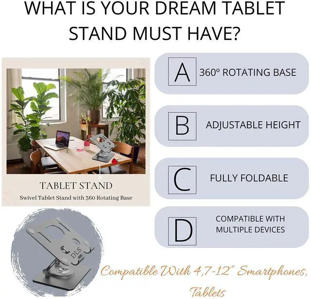 Alt view image 2 of 4 - D L S Tablet Stand for Desk Bed Cell Phone, Tablet Holder- Tripod for Recording - Adjustable 360 Degree Rotating Base Support- Compatible with 4,7-12 Smartphones- Portable & Foldable (Grey)