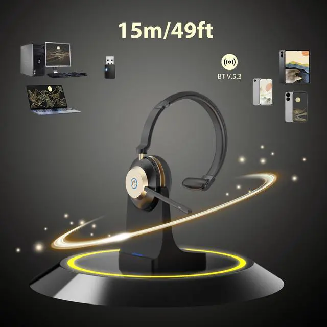 Alt view image 4 of 5 - NOTESNEE V5.3 Wireless Headset with Mic for Work, 45Hrs Computer Headset with Microphone, Bluetooth Headphones with Noise Cancelling Mic, Charging Base, USB Dongle & Mute Button for PC, Skype, Zoom