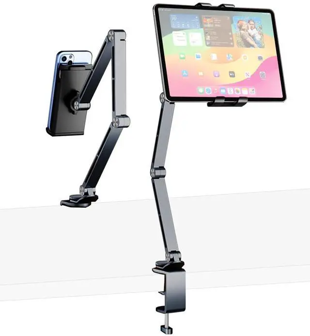 Main image of HIBORI iPad Mount for Desk Aluminum Alloy Tablet Stand Foldable Overhead Arm Holder Mount Fits for 4.7-15.6" Screen Phone,Kindle,Fire HD,Monitor,iPad,Galaxy Tab Series (Gray)