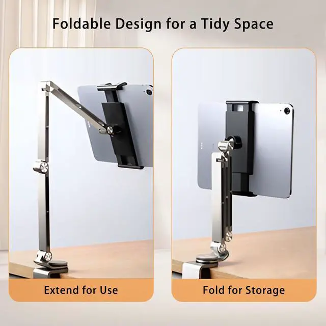 Alt view image 2 of 5 - HIBORI iPad Mount for Desk Aluminum Alloy Tablet Stand Foldable Overhead Arm Holder Mount Fits for 4.7-15.6" Screen Phone,Kindle,Fire HD,Monitor,iPad,Galaxy Tab Series (Gray)