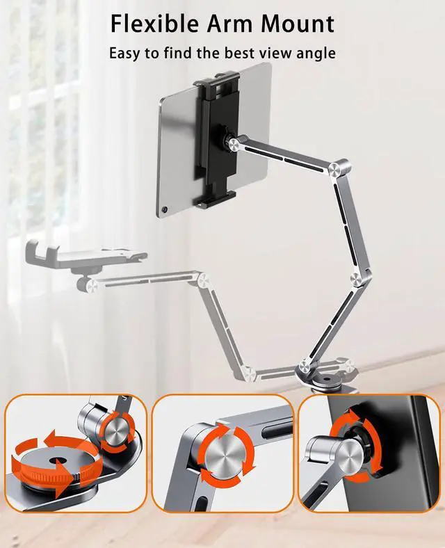 Alt view image 3 of 5 - HIBORI iPad Mount for Desk Aluminum Alloy Tablet Stand Foldable Overhead Arm Holder Mount Fits for 4.7-15.6" Screen Phone,Kindle,Fire HD,Monitor,iPad,Galaxy Tab Series (Gray)