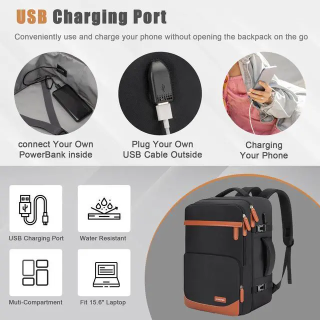 Alt view image 2 of 5 - Velaybor 40L Travel Backpack with USB Charging Port, Water-Resistant Carry On Backpack for Men Women, Business Laptop Backpack for Men & Women, Trips & Commutes, Fits 15.6/17.3 Inch Laptop (Black)