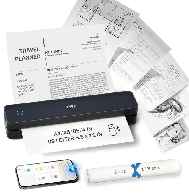 Main image of PRT Inkless Portable Printer for Travel, Wireless Thermal Printer Support 8.5 x 11 Inch US Letter A4 B5, Bluetooth Mobile Printers with iOS, Android, Laptop for Home Use, Car, Office, School, Black