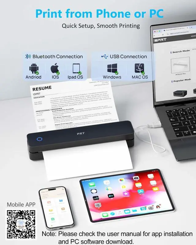 Alt view image 3 of 5 - PRT Inkless Portable Printer for Travel, Wireless Thermal Printer Support 8.5 x 11 Inch US Letter A4 B5, Bluetooth Mobile Printers with iOS, Android, Laptop for Home Use, Car, Office, School, Black