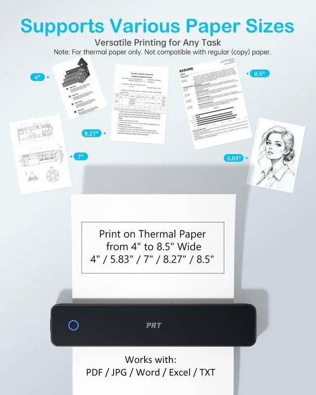 Alt view image 5 of 5 - PRT Inkless Portable Printer for Travel, Wireless Thermal Printer Support 8.5 x 11 Inch US Letter A4 B5, Bluetooth Mobile Printers with iOS, Android, Laptop for Home Use, Car, Office, School, Black