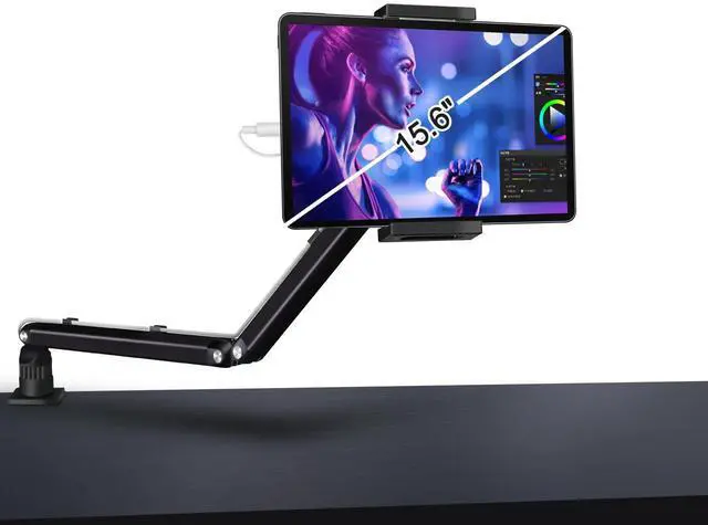 Main image of YCNEW Tablet Desk Mount for ipad, Desk Clamp Aluminum Alloy Arm Tablet Stand Holder Suitable for 4.7-15.6" and Under 3 Pound iPhone, ipad mini/Air/Pro, Kindle, Portable Monitor, Nintendo Switch(Black)