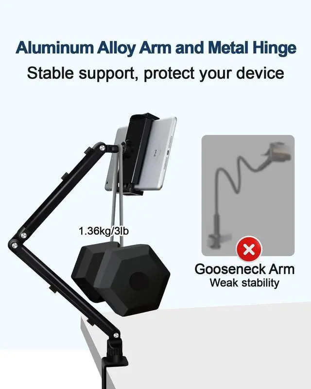 Alt view image 2 of 5 - YCNEW Tablet Desk Mount for ipad, Desk Clamp Aluminum Alloy Arm Tablet Stand Holder Suitable for 4.7-15.6" and Under 3 Pound iPhone, ipad mini/Air/Pro, Kindle, Portable Monitor, Nintendo Switch(Black)