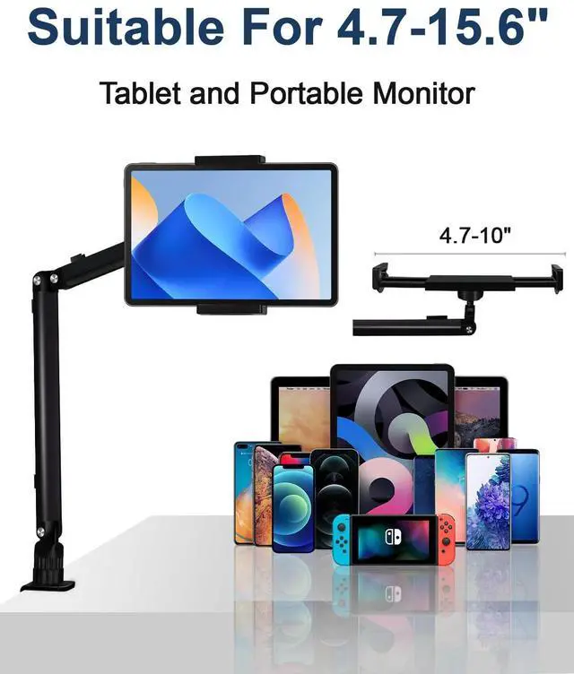 Alt view image 4 of 5 - YCNEW Tablet Desk Mount for ipad, Desk Clamp Aluminum Alloy Arm Tablet Stand Holder Suitable for 4.7-15.6" and Under 3 Pound iPhone, ipad mini/Air/Pro, Kindle, Portable Monitor, Nintendo Switch(Black)