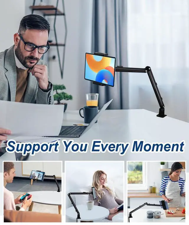 Alt view image 5 of 5 - YCNEW Tablet Desk Mount for ipad, Desk Clamp Aluminum Alloy Arm Tablet Stand Holder Suitable for 4.7-15.6" and Under 3 Pound iPhone, ipad mini/Air/Pro, Kindle, Portable Monitor, Nintendo Switch(Black)