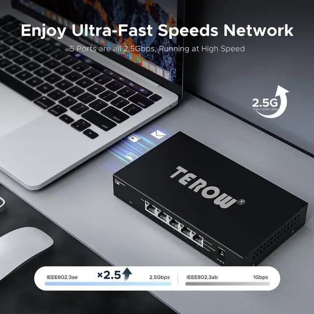 Alt view image 4 of 5 - 5 Port 2.5G Ethernet Switch, 5 x 2.5Gb RJ45 Base-T Ports, Plug & Play/Fanless Metal Design 2.5Gbe Ethernet Unmanaged Network Switches,TEROW 5 Port 2.5GB Switch