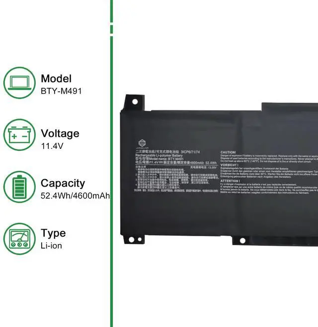 Alt view image 2 of 5 - JIAZIJIA BTY-M491 Laptop Battery Replacement for MSI Prestige 14 A11SB Series Notebook White Connector 11.4V 52.4Wh 4600mAh