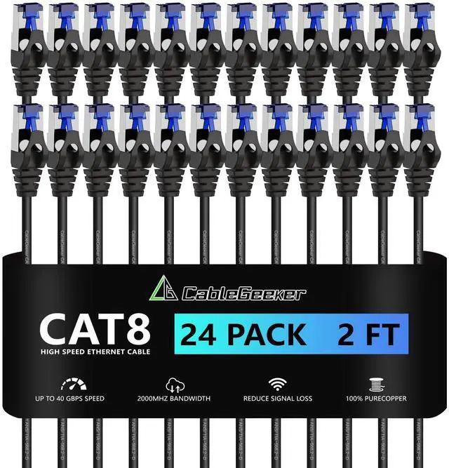Main image of CableGeeker Patch Cables Cat8 2ft 24 Pack Slim, Cat8 Ethernet Patch Cable 40G 2000MHz Support, Snagless RJ45 Cat 8 Patch Cable for Patch Panel to Switch, Flexiable Network Cable - 2 Feet Black