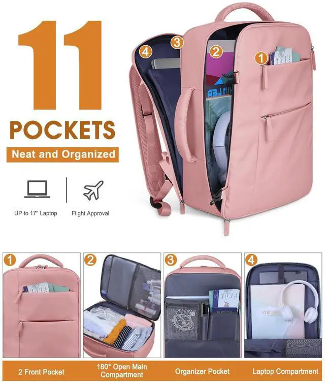 Alt view image 3 of 5 - Capolo Travel Backpack for Women Men Waterproof Laptop Backpack Airlines Approved Carry On Backpack Bag Computer Bookbag for Business, Work, Traveling Fits 17 Inch Laptop(Pink)