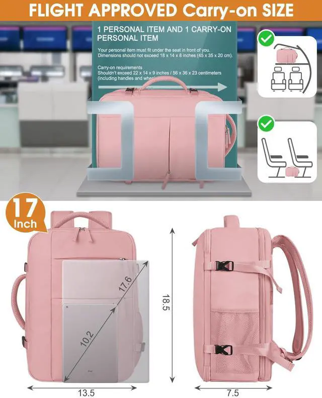 Alt view image 5 of 5 - Capolo Travel Backpack for Women Men Waterproof Laptop Backpack Airlines Approved Carry On Backpack Bag Computer Bookbag for Business, Work, Traveling Fits 17 Inch Laptop(Pink)