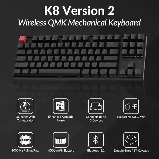 Alt view image 2 of 5 - Keychron K8 Version 2 TKL Custom Wireless Mechanical Keyboard, QMK Programmable Bluetooth 5.2/Wired, White Backlit with Shine-Through PBT Keycaps, Super Red Switch for Mac Windows Linux